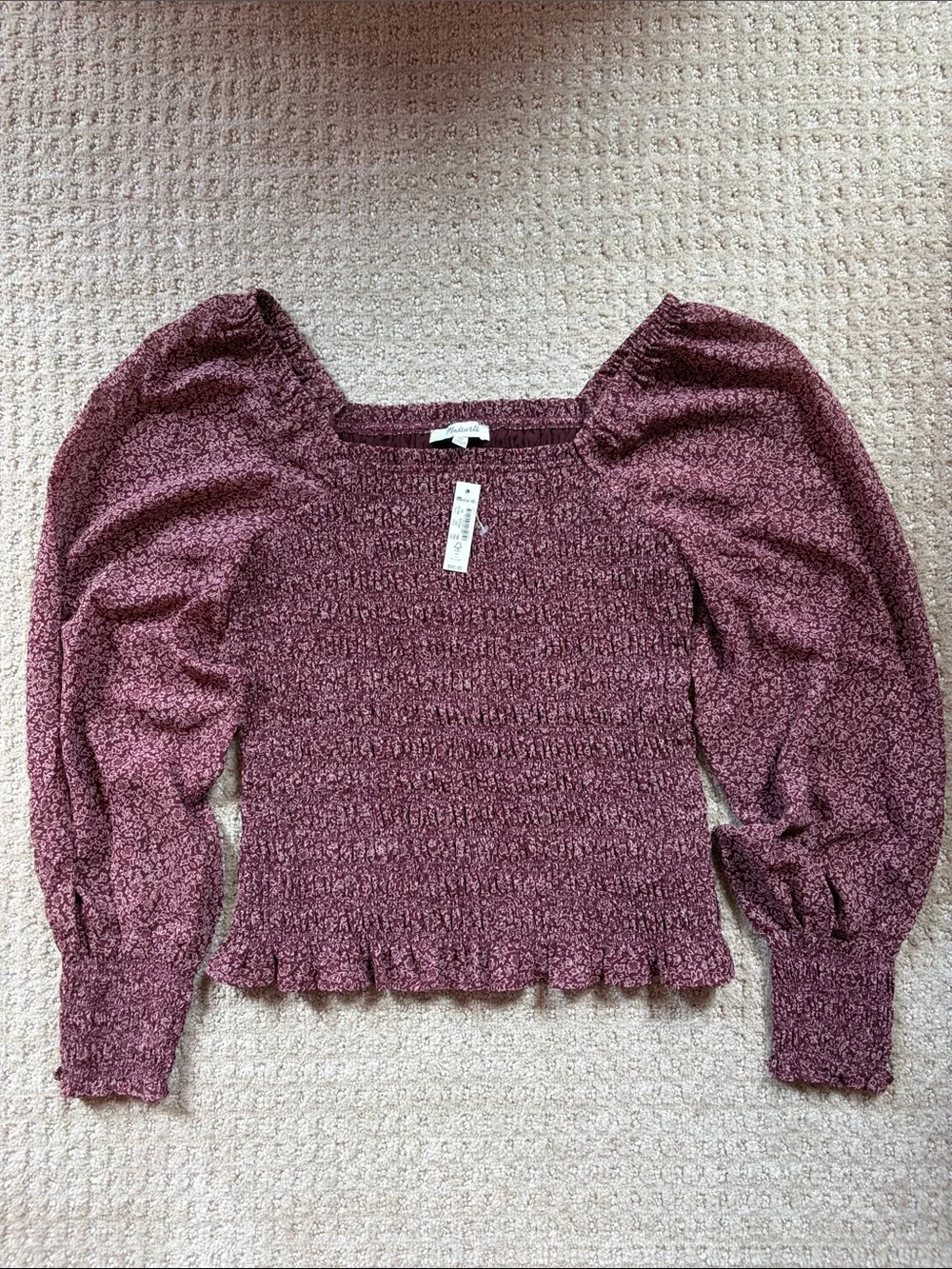 NWT Madewell Smocked Blouse with Square Neckline and Puff Sleeves